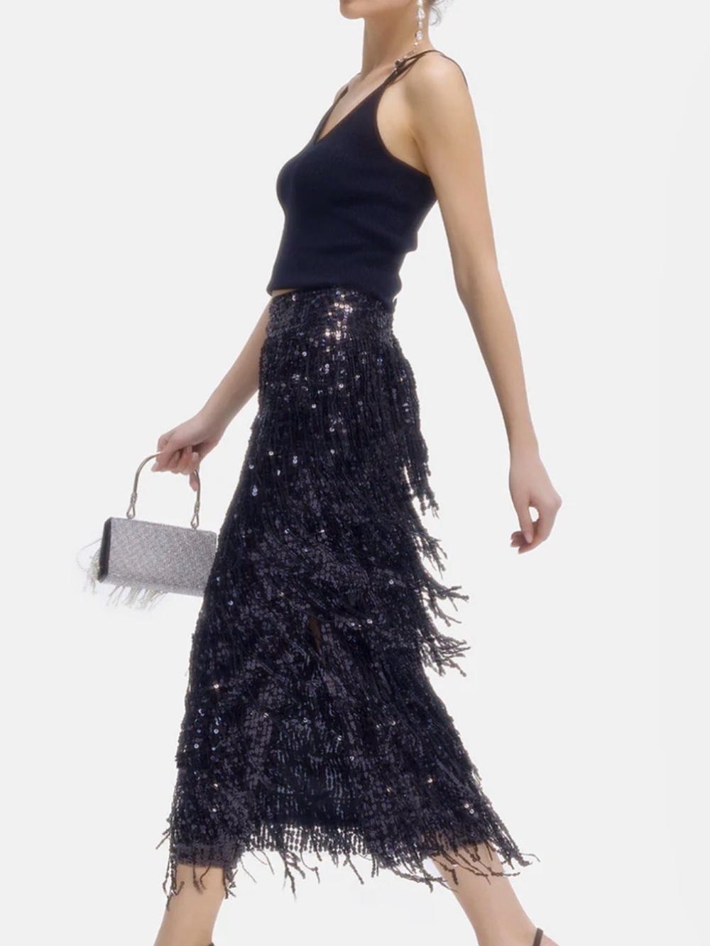 Rich Radi Q’s Black Sequin Fringe Skirt NWT